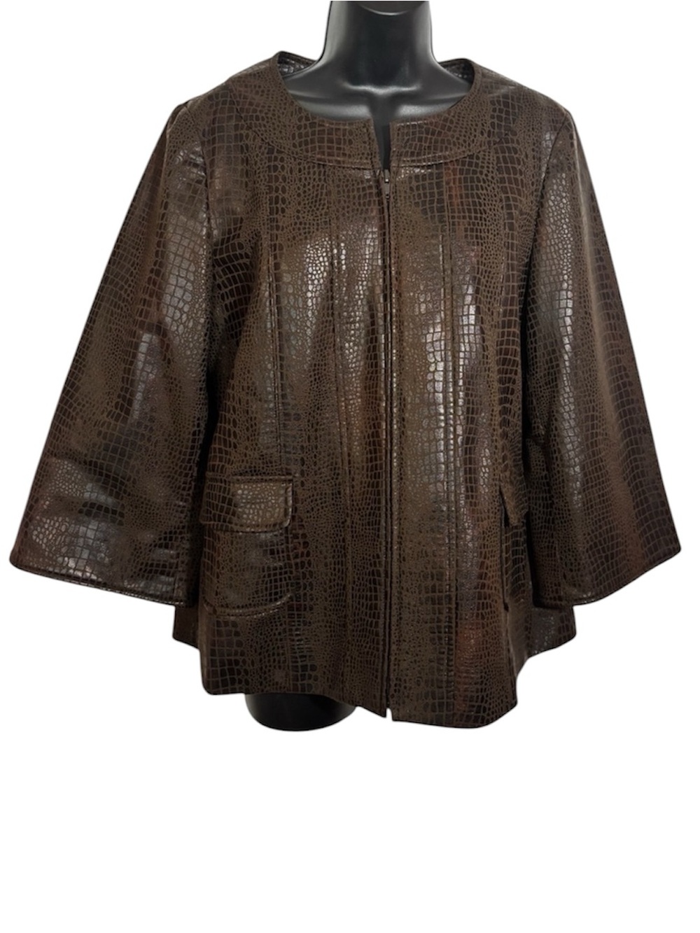 Susan Graver Faux Leather Jacket A-Line Zip Front Brown Croco Women’s Size Small